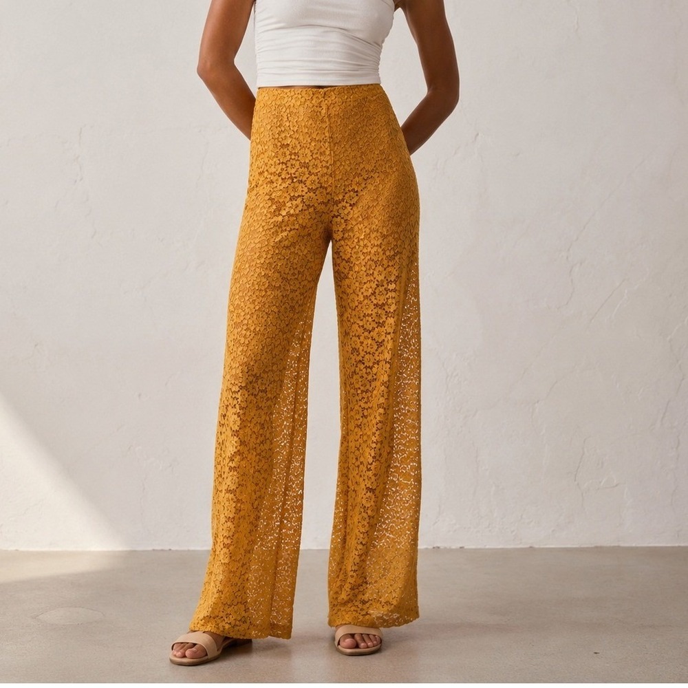 & Other Stories High Waisted Flared Lace Pants 2 Yellow Floral Hippie Beach